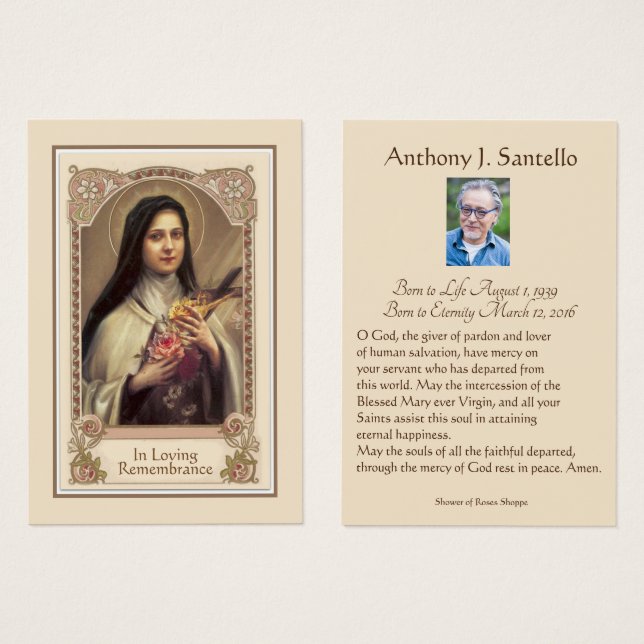 Catholic Therese Funeral Memorial Prayer Holy Card (Front & Back)