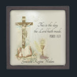 Catholic Traditional Profession of Faith Communion Jewellery Box<br><div class="desc">This personalised traditional Catholic keepsake jewellery box has a beautiful image of the Holy Ghost,  Crucified Lord,  and Eucharist. This may be easily customised with the celebrant's name. It would be a perfect keepsake to store all the small gifts and mementos of that special occasion.</div>