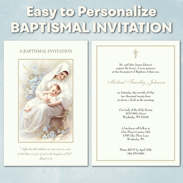 Catholic Vintage Baby Baptism Christening Floral Invitation (Traditional Catholic Baptismal Invitation with Blesse Virgin Mary and Baby)