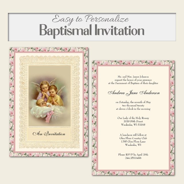 Catholic Vintage Girl Baptism Christening Angels  Invitation (Beautiful religious vintage angels baptismal invitation with pink roses)