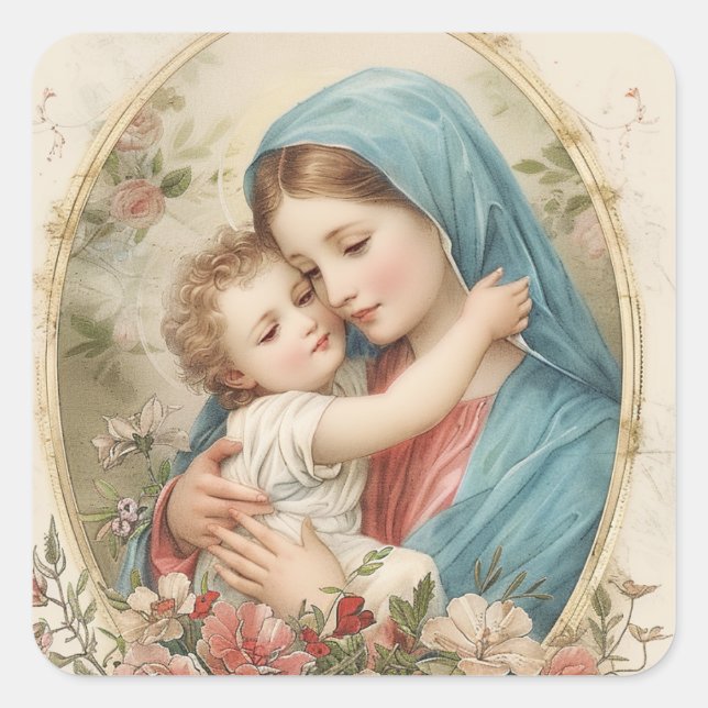 Catholic Virgin Mary Baby Jesus Floral  Square Sticker (Front)