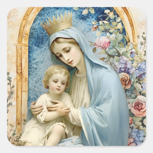 Catholic Virgin Mary Baby Jesus Floral  Square Sticker (Front)
