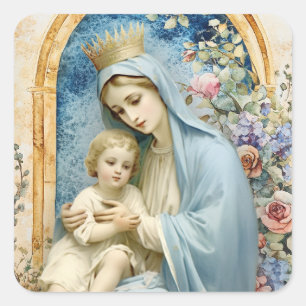 Catholic Virgin Mary Baby Jesus Floral  Square Sticker