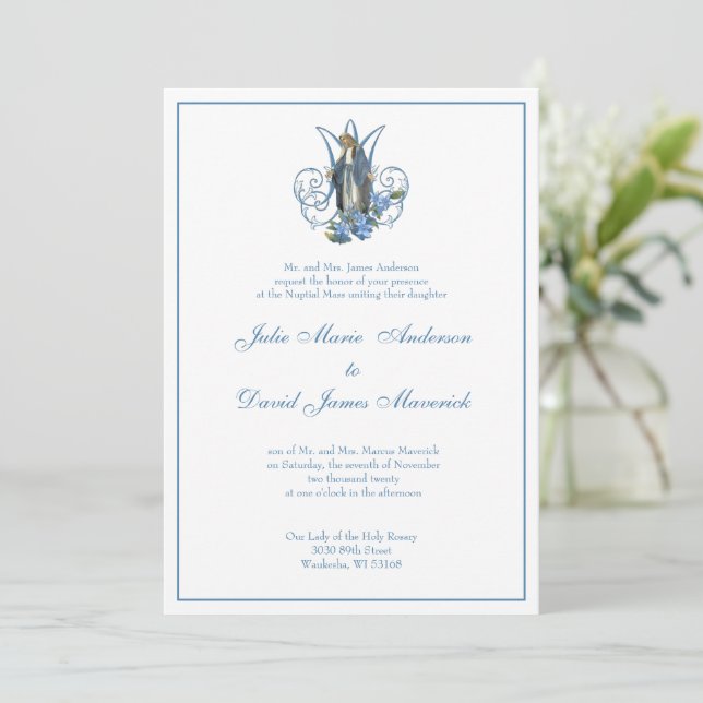 Catholic Virgin Mary Blue Floral Wedding Invitation (Standing Front)