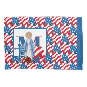 Catholic Virgin Mary Cross American Flag Religious Pillowcase