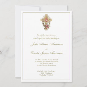 Catholic Virgin Mary Cross Floral  Wedding Invitation
