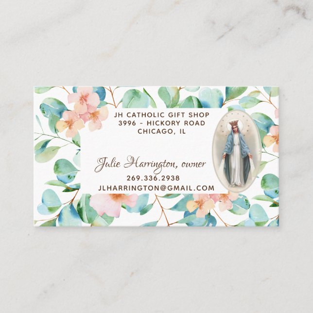 Catholic Virgin Mary Eucalyptus Religious Floral Business Card (Front)