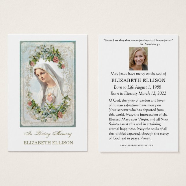 Catholic Virgin Mary Fatima Funeral Prayer Card (Front & Back)