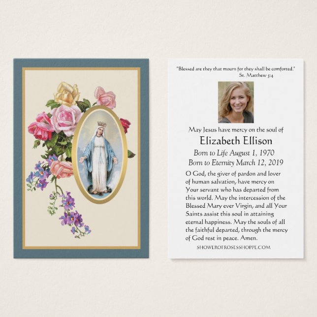 Catholic Virgin Mary Floral Funeral Prayer Card (Front & Back)