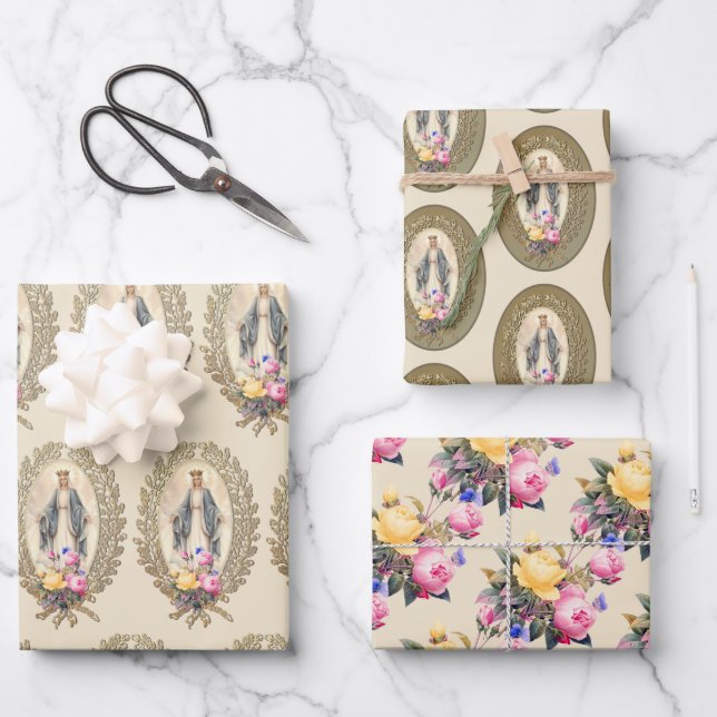 Catholic Virgin Mary Floral Religious Roses Wrapping Paper Sheet (Front)