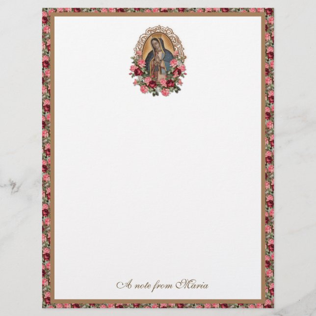 Catholic Virgin Mary Guadalupe Roses Stationery Custom Letterhead (Front)