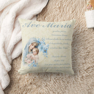 Catholic Virgin Mary Jesus Blue Floral Ave Maria Cushion