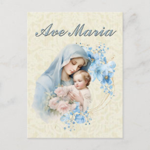 Catholic Virgin Mary Jesus Blue Floral Ave Maria Postcard