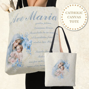 Catholic Virgin Mary Jesus Blue Floral Ave Maria Tote Bag