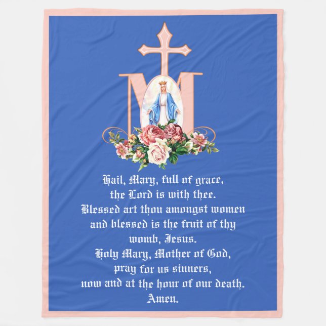 Catholic Virgin Mary Marian Cross Roses Religious Fleece Blanket (Front)