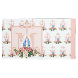 Catholic Virgin Mary Marian Cross Roses Religious Pillowcase