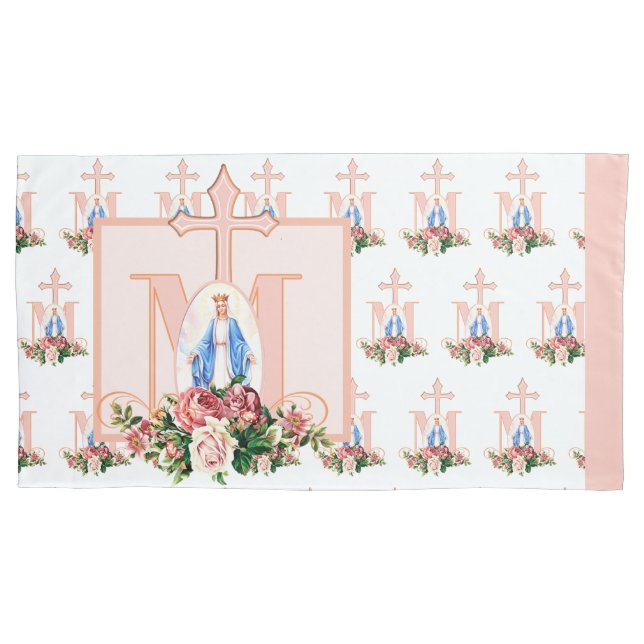 Catholic Virgin Mary Marian Cross Roses Religious Pillowcase (Front)