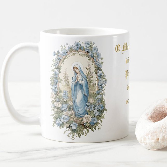 Catholic Virgin Mary Prayer Blues Floral  Coffee Mug (ENJOY YOUR MORNING COFFEE WITH THE BLESSED MOTHER! )