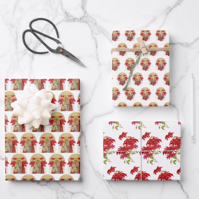 Catholic Virgin Mary Religious Jesus Poinsettia  Wrapping Paper Sheet (Front)