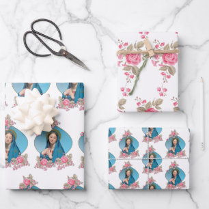 Catholic Virgin Mary Religious  Pink Roses Wrapping Paper Sheet