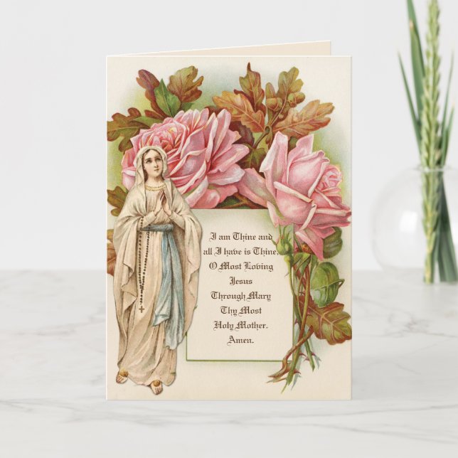Catholic Virgin Mary Rosary Vintage Floral Card (Front)