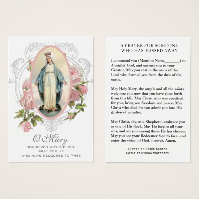 Catholic Virgin Mary  Sympathy Prayer Holy Card (Front & Back)