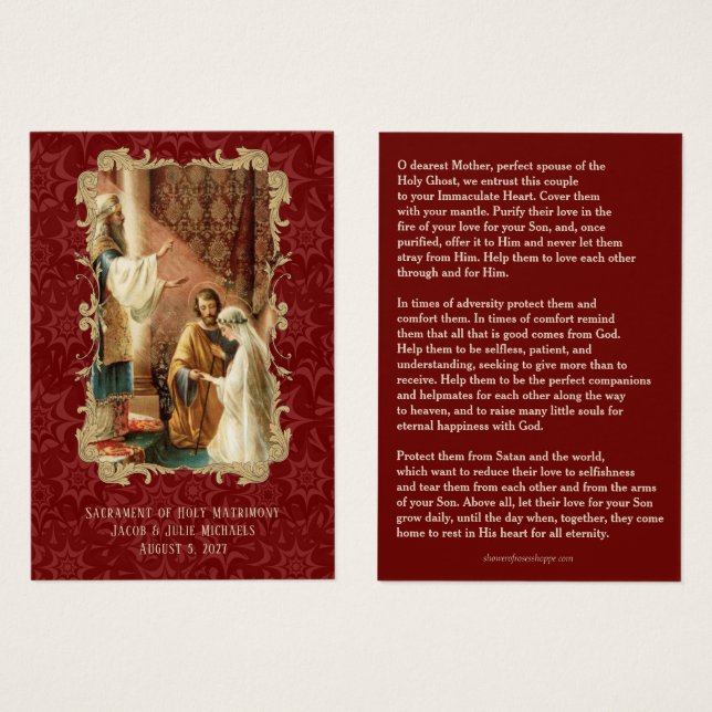 Catholic Wedding Favour Holy Card Damask Maroon (Front & Back)