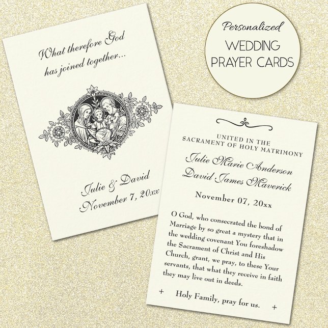 Catholic Wedding Favour Holy Family Remembrance Business Card (Personalized Catholic Wedding Prayer Cards with line art image of the Holy Family)
