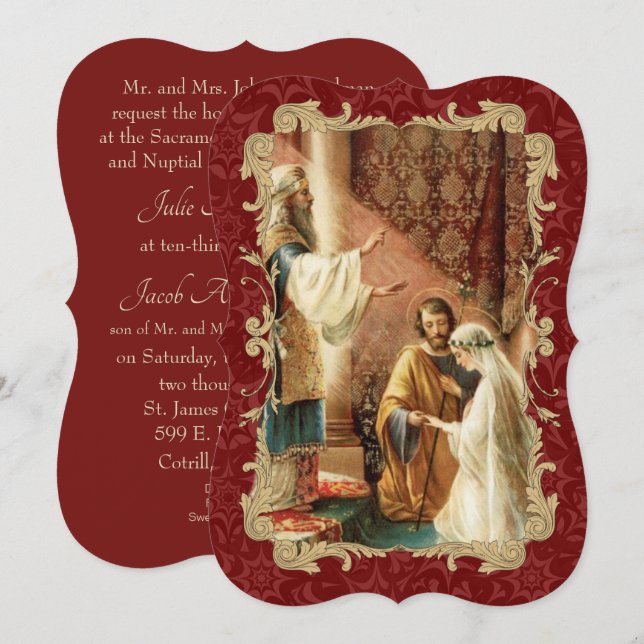 Catholic Wedding Gold Maroon Wedding Invitation (Front/Back)