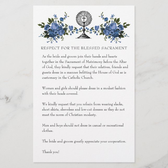 Catholic Wedding Modest Church Attire Blue Roses Stationery (Front)