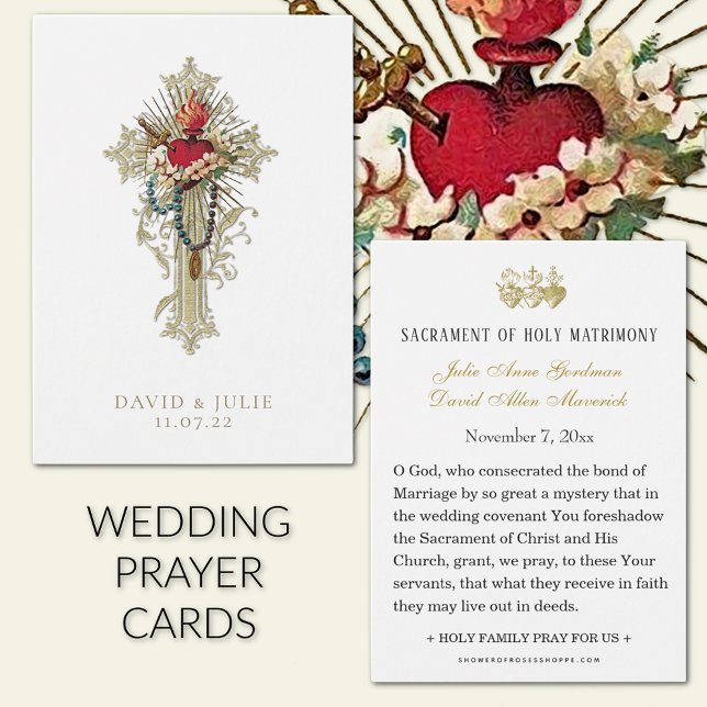  Catholic Wedding Prayer Cross & Heart of Mary  (Immaculate Heart of Mary with Gold Cross Catholic Wedding prayer cards)