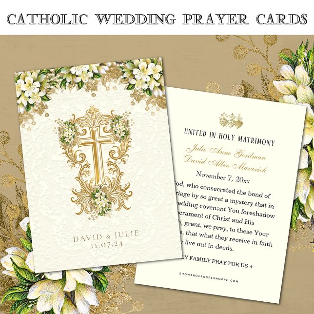 Catholic White Floral Gold Wedding Holy Card (Creator Uploaded)
