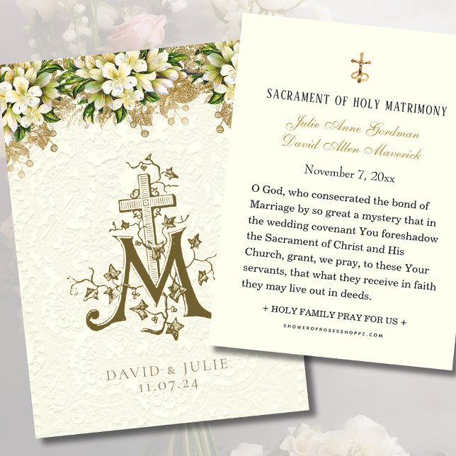 Catholic White Floral Gold Wedding Holy Card (Creator Uploaded)
