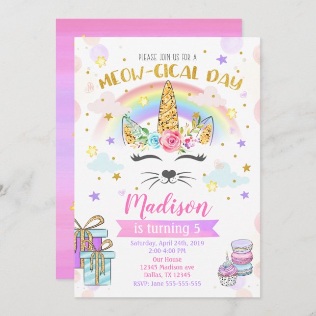 Caticorn Birthday Invitation, Magical Unicorn Cat Invitation (Front/Back)