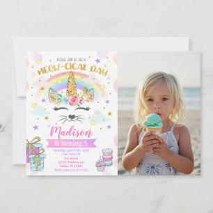 Caticorn Birthday Magical Unicorn Cat Photo Invitation