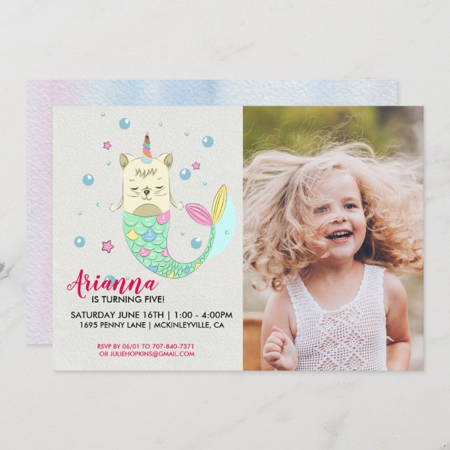 Caticorn Mermaid Birthday Party Invitation (Front/Back)