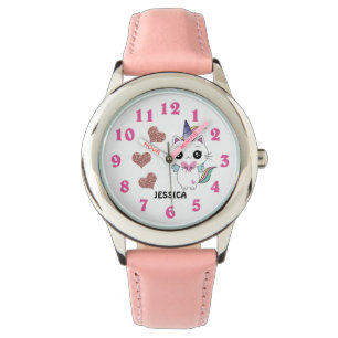 Caticorn Unicorn Rose Gold Glitter Hearts Name Watch