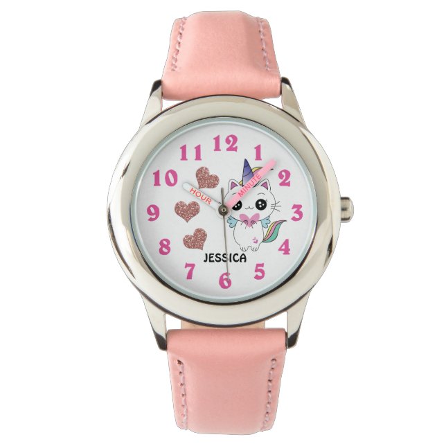  Caticorn Unicorn Rose Gold Glitter Hearts  Name Watch (Front)