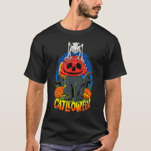 Catlloween Mushroom Skull Black Cat Halloween Pump T-Shirt