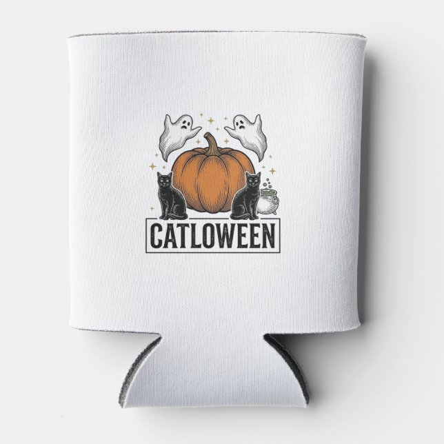 Catloween Black Cat Ghost Halloween Vector Design_ Can Cooler (Front)