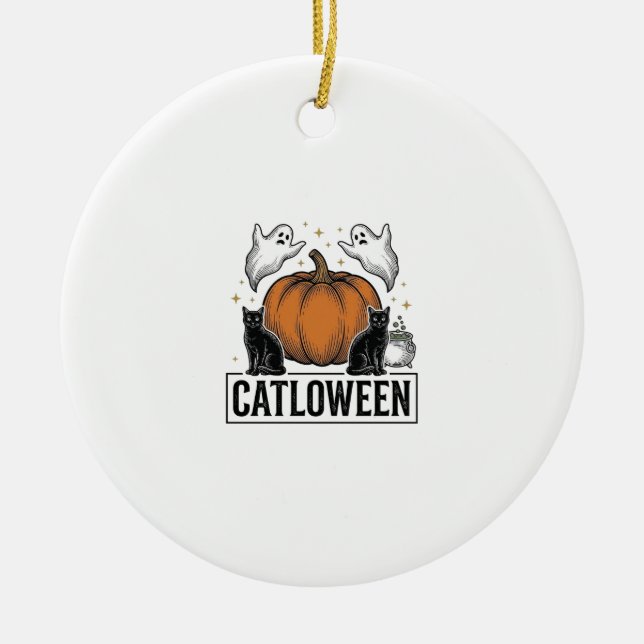 Catloween Black Cat Ghost Halloween Vector Design_ Ceramic Tree Decoration (Front)