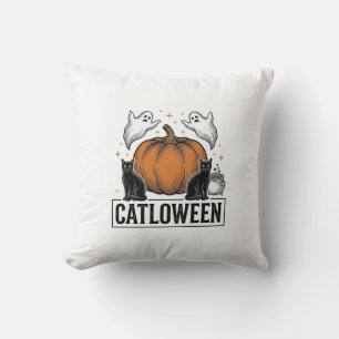 Catloween Black Cat Ghost Halloween Vector Design_ Cushion