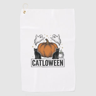 Catloween Black Cat Ghost Halloween Vector Design_ Golf Towel
