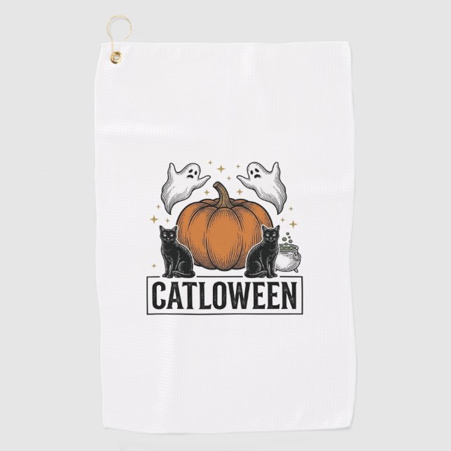 Catloween Black Cat Ghost Halloween Vector Design_ Golf Towel (Front)