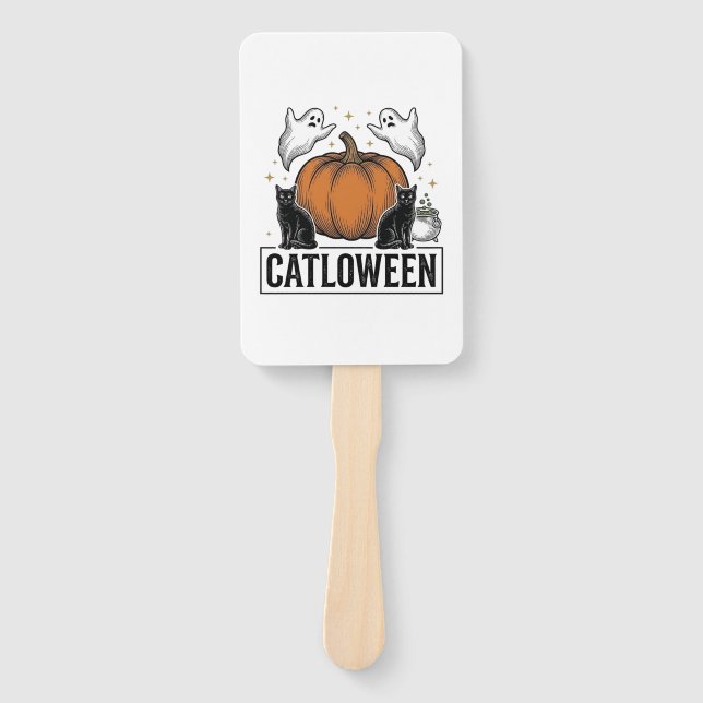 Catloween Black Cat Ghost Halloween Vector Design_ Hand Fan (Front)