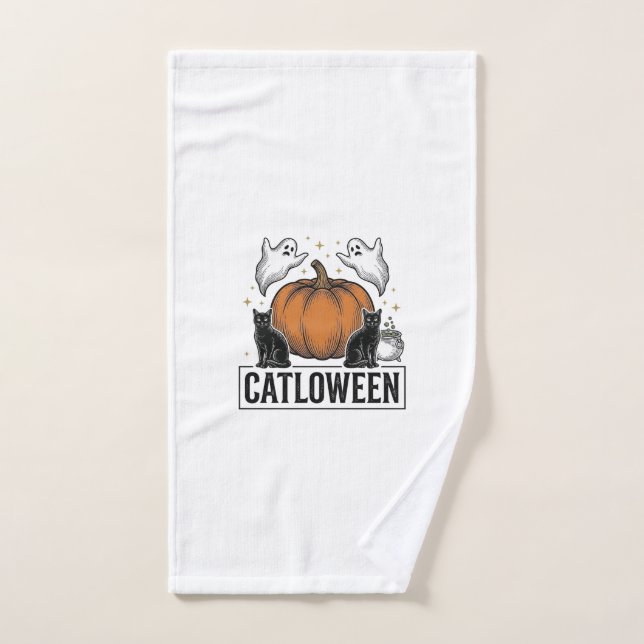 Catloween Black Cat Ghost Halloween Vector Design_ Hand Towel (Hand Towel)