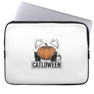 Catloween Black Cat Ghost Halloween Vector Design_ Laptop Sleeve