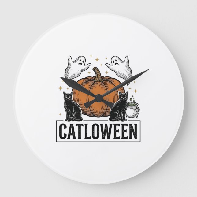 Catloween Black Cat Ghost Halloween Vector Design_ Large Clock (Front)