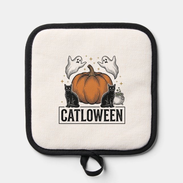 Catloween Black Cat Ghost Halloween Vector Design_ Pot Holder (Front)