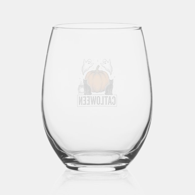 Catloween Black Cat Ghost Halloween Vector Design_ Stemless Wine Glass (Front)